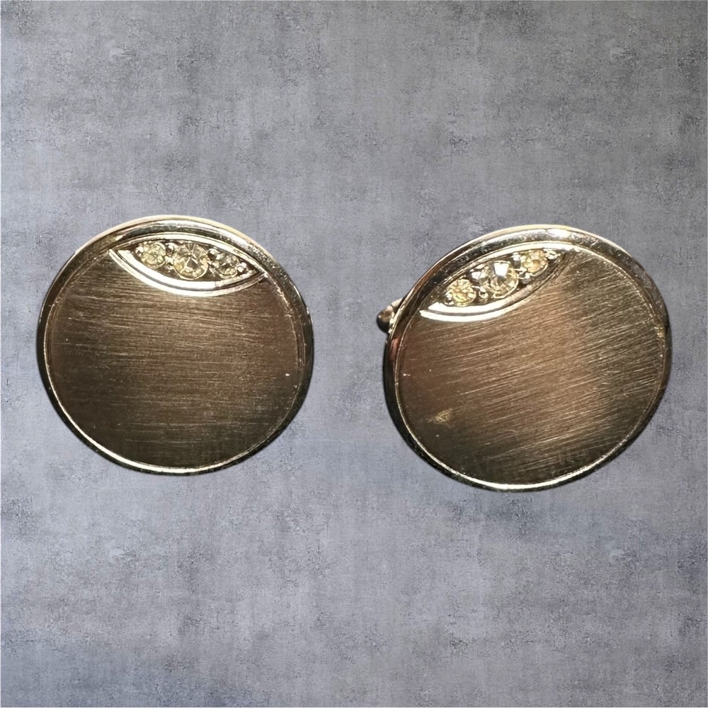 Vintage Round Silver Tone Cufflinks Brushed Finish Rhinestone Accent